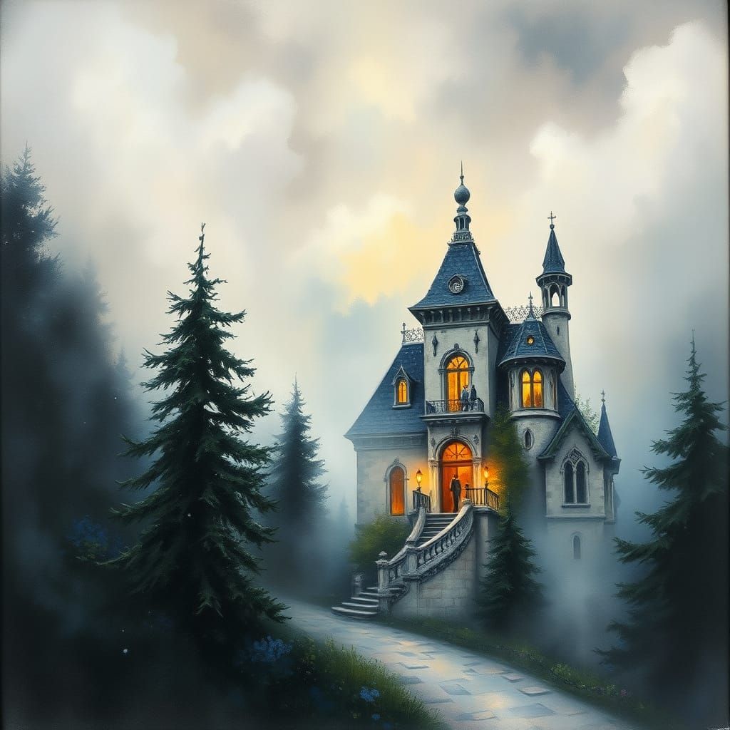 Ethereal Fantasy Charcoal Drawing in Gouache Style