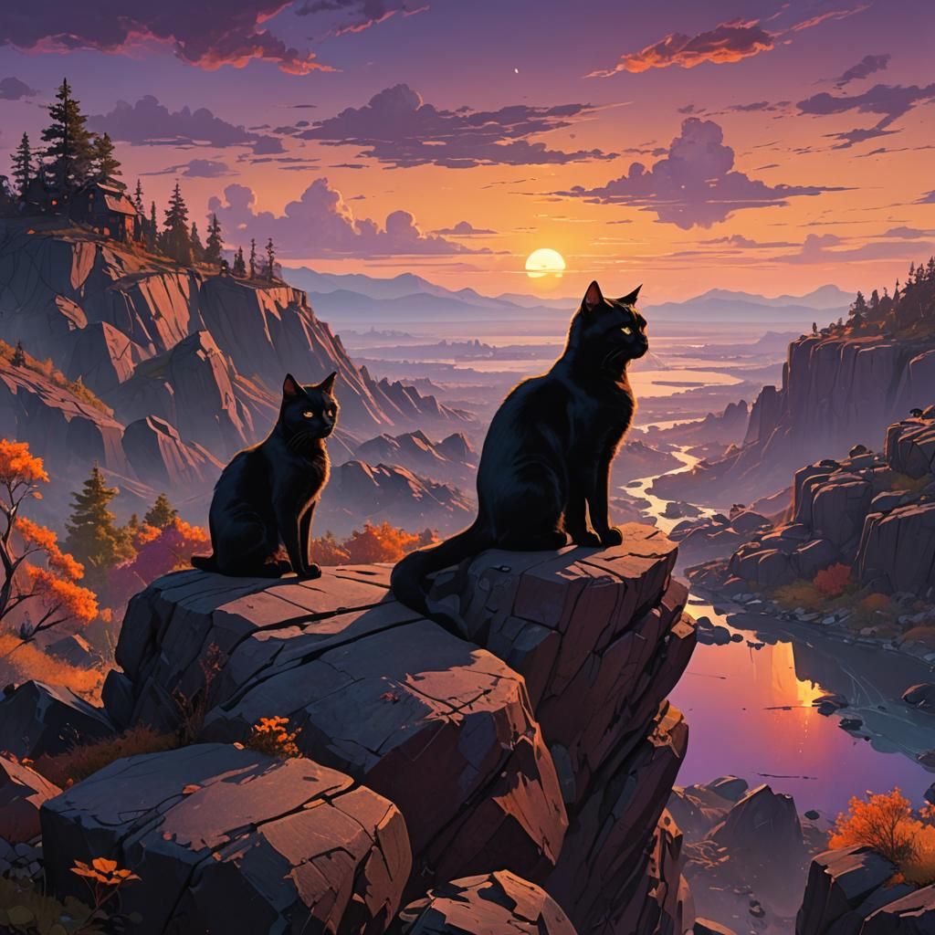 Black Cat Gazes at Sunset: Fantasy Matte Painting