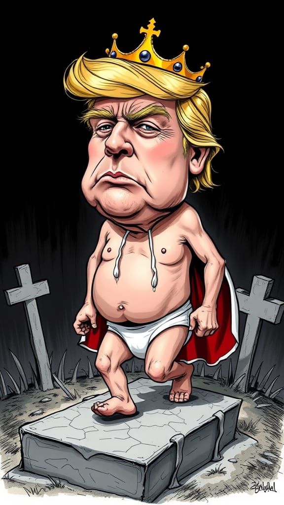 Donald Trump Caricature as King in Diaper Walking Into Grave