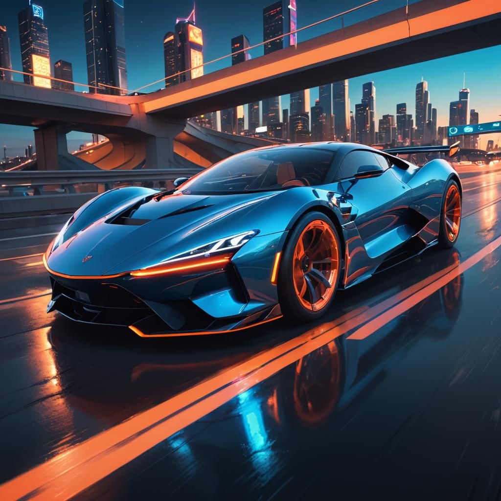 Sleek Supercar Concept Art on Elevated Highway