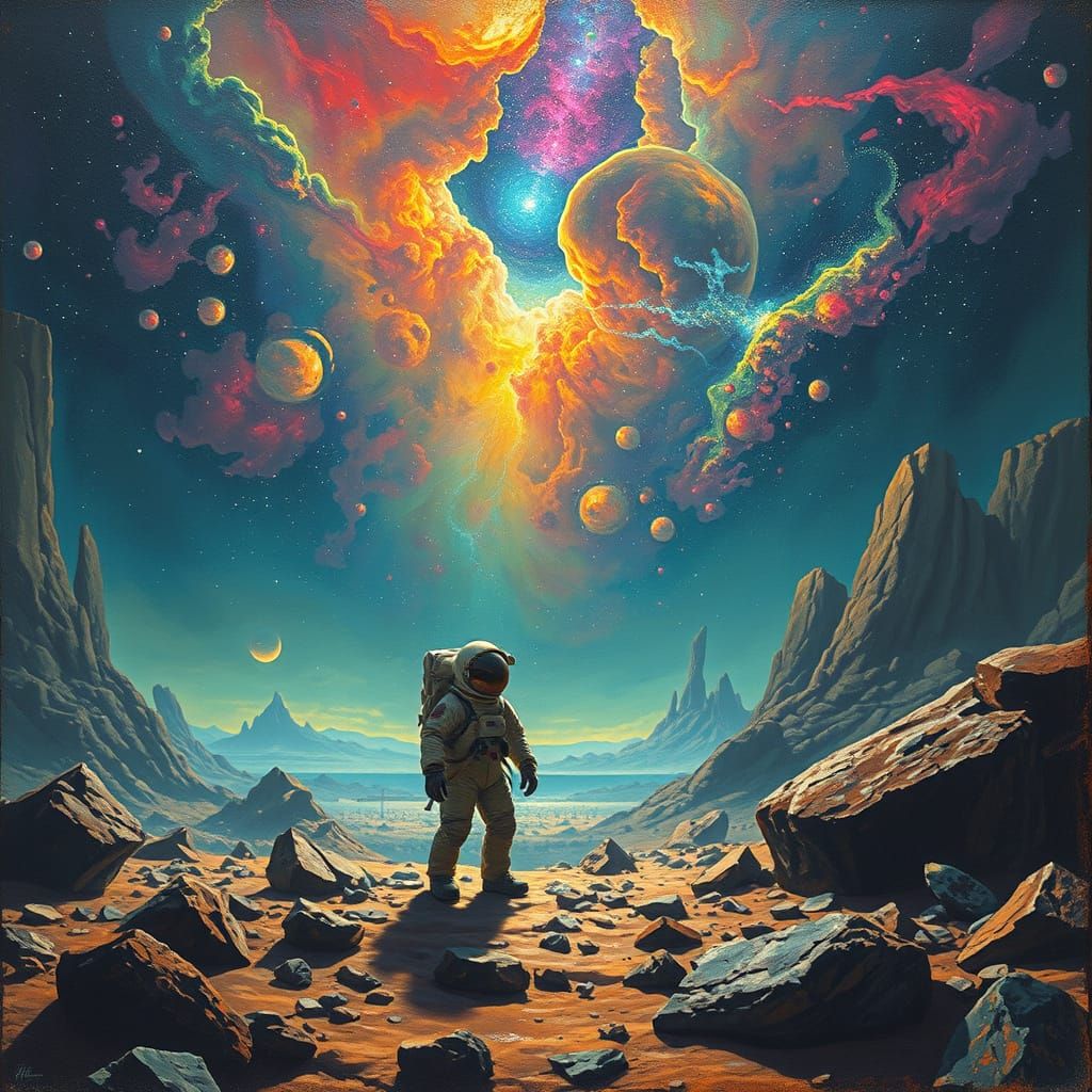 Astronaut Gazing at Psychedelic Nebula in Surreal Landscape