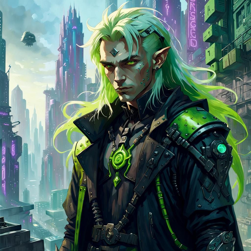 Cyberpunk Goth Half-Elf in Cityscape Matte Painting
