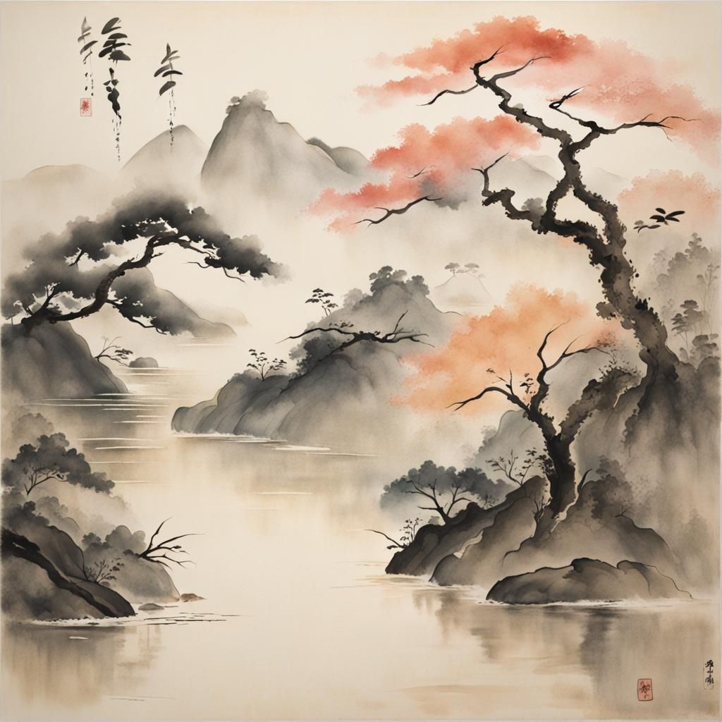 Zen Sumi-e Painting with Pastel Colors