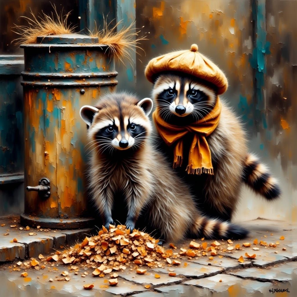 Raccoons Foraging in Paris, Impressionist Illustration