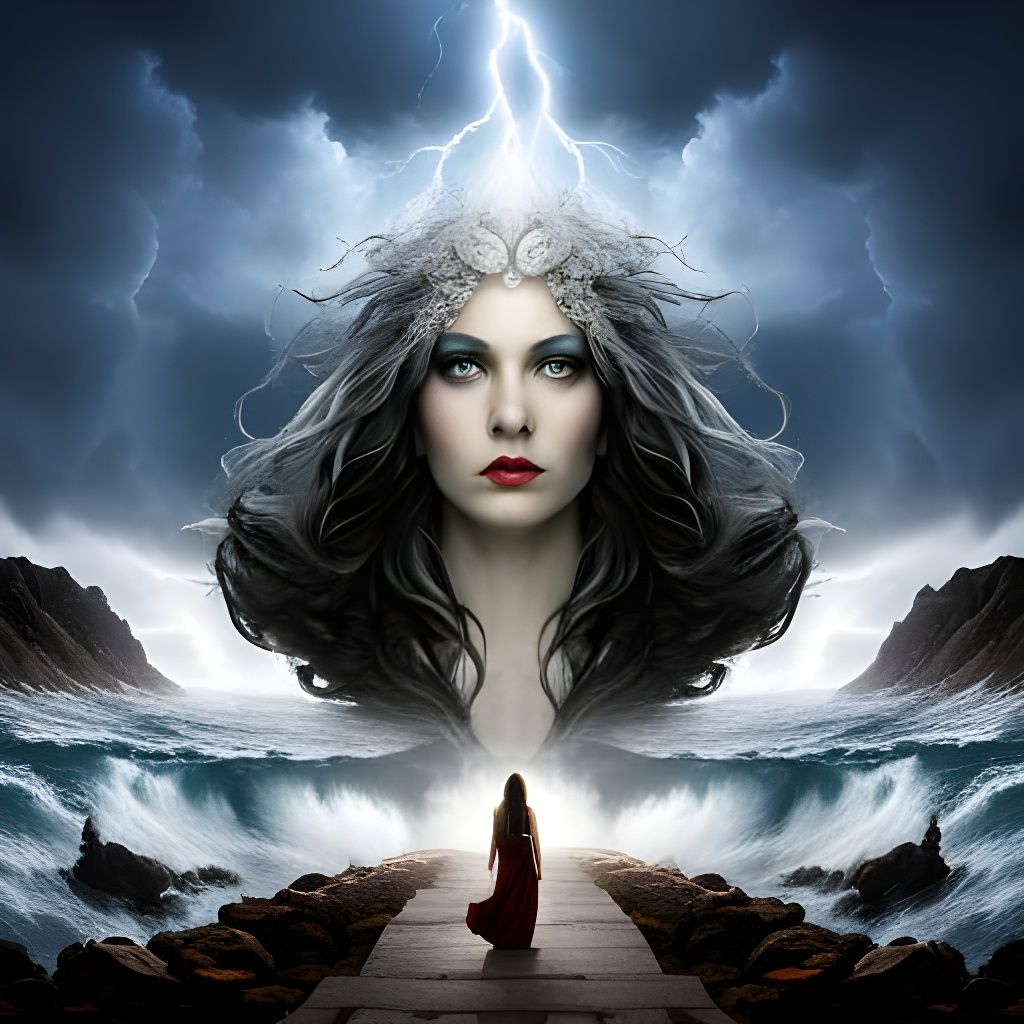 Persephone and Charon in Stormy Underworld