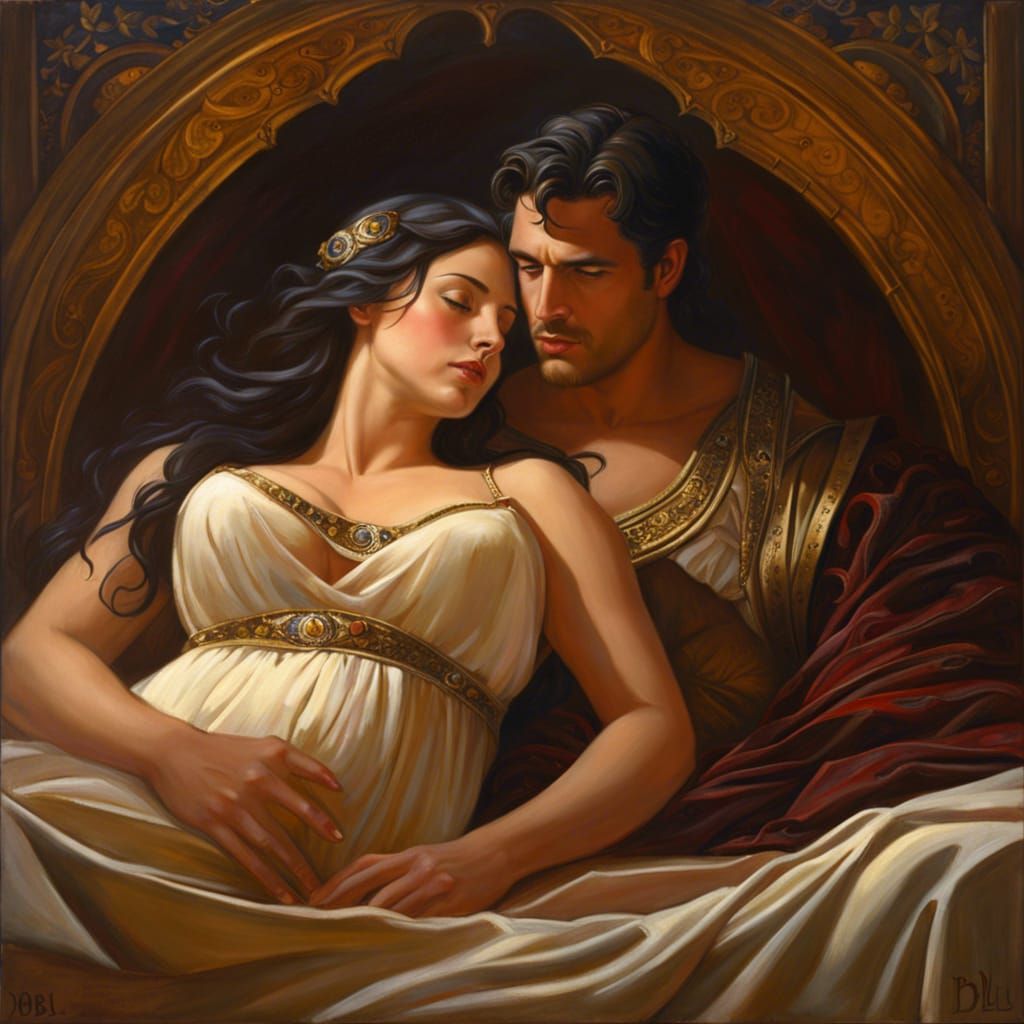 Medieval Couple Embrace: An Oil Painting