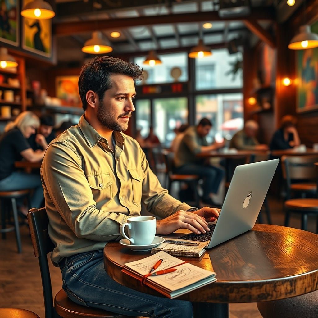 Professional Man Works in Bustling Coffee Shop Setting