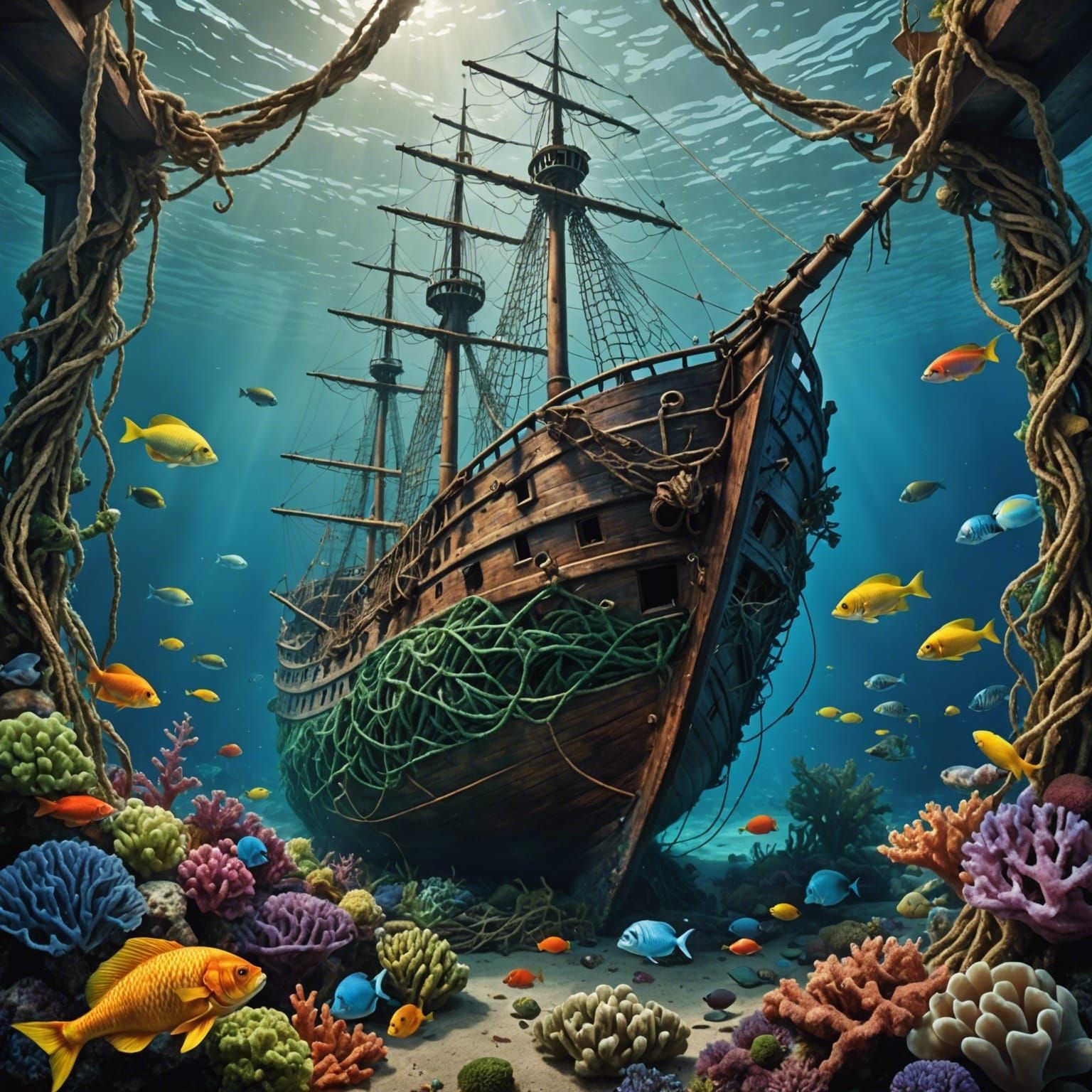 Sunken Sailing Ship with Mermaid in Net