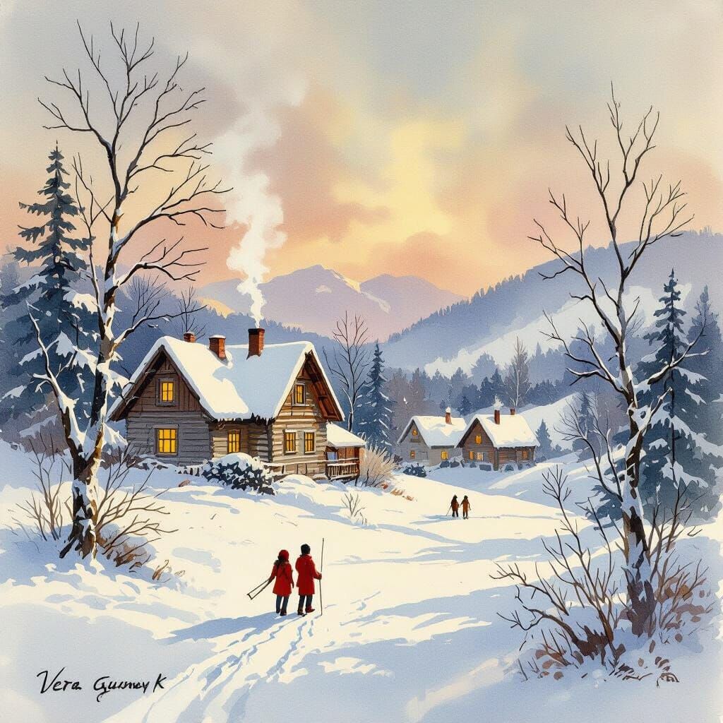 Vintage Winter Landscape in Watercolor Style