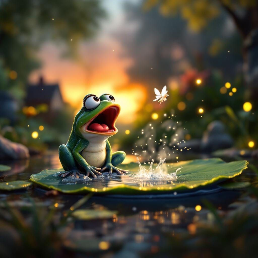 Shocked Frog in Pixar-Style Backyard at Sunset