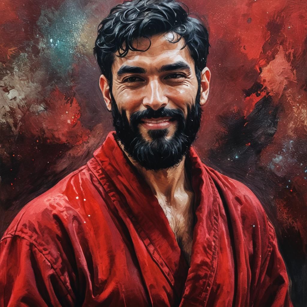 Smiling Iranian Man in Red Velvet Bathrobe Painting