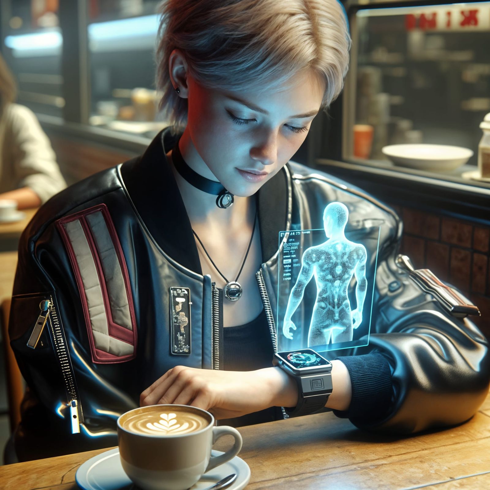 Young Girl Enjoys Cyberpunk Futuristic Holographic Watch in...