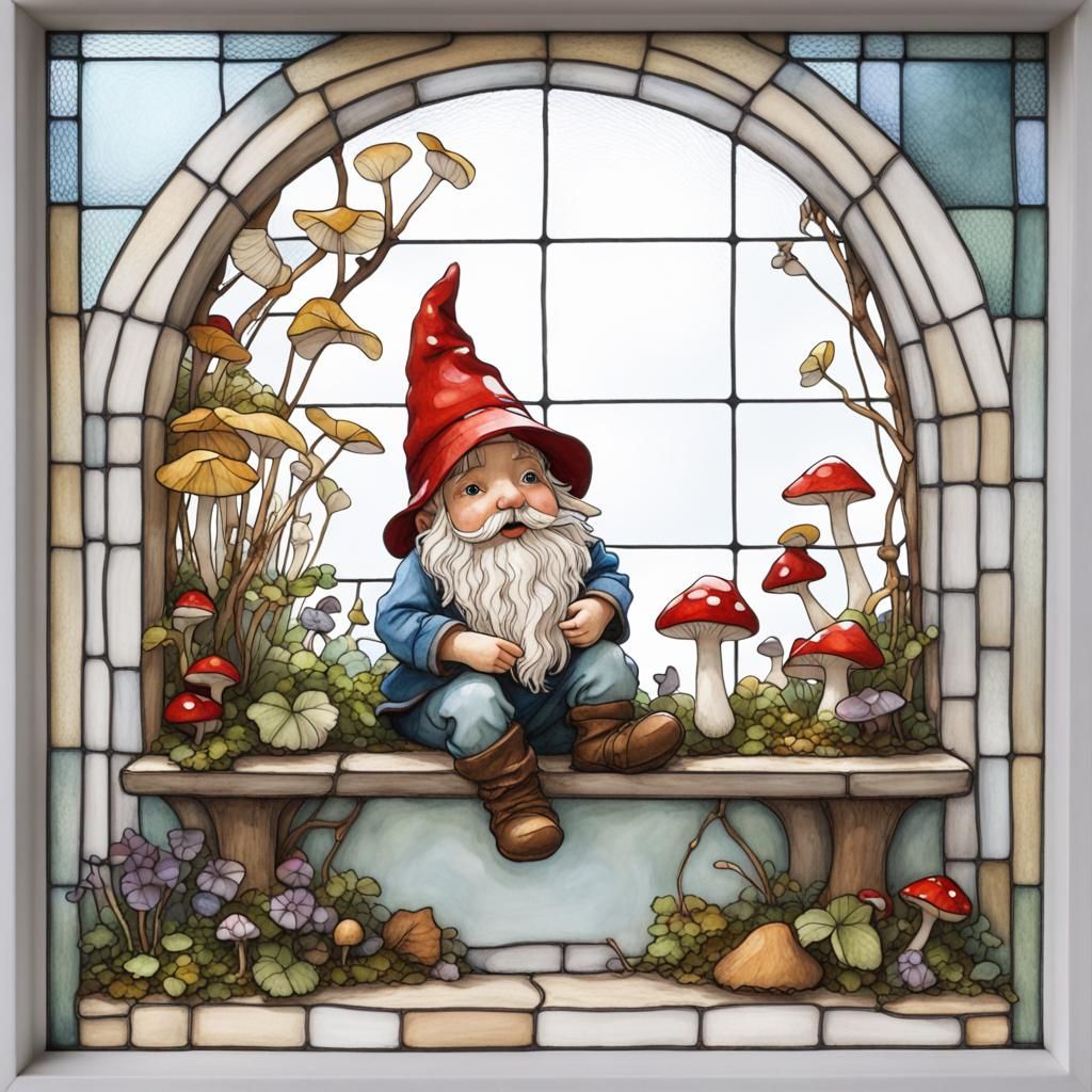 Garden Gnome in Stained Glass Fairytale Window