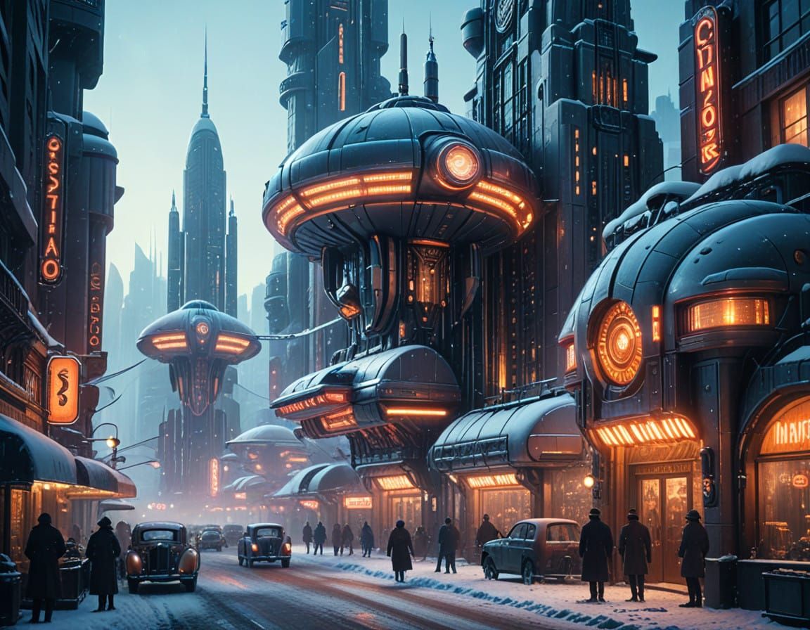 Epic Steampunk Cityscape in Art Deco Style at Dawn
