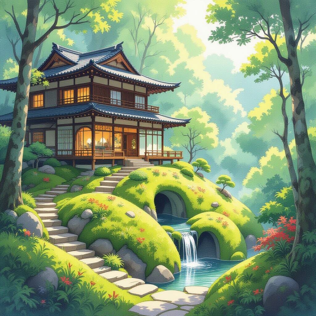 Japanese Hillside Home in Ethereal Watercolor Style