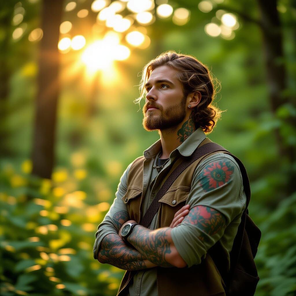 Man with Nature Tattoos in Golden Hour Forest