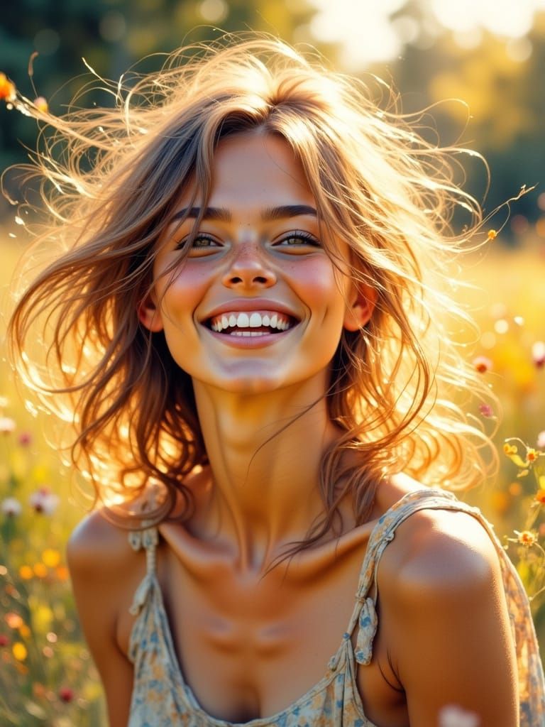 Laughing Woman Portrait in Impressionistic Style