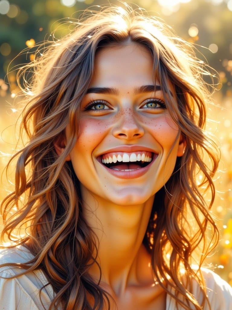 Woman Laughing in Sunlight: Watercolor Impression