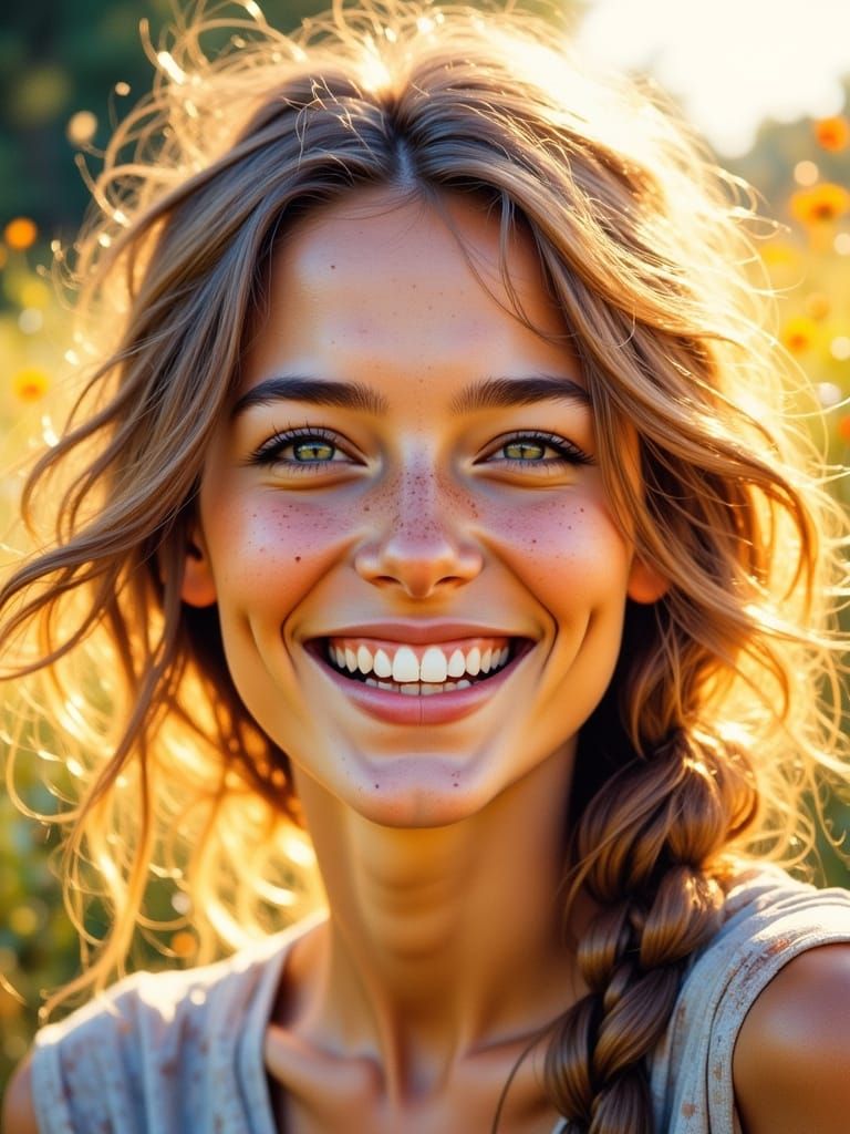 Joyful Woman in Watercolor Portrait with Golden Light
