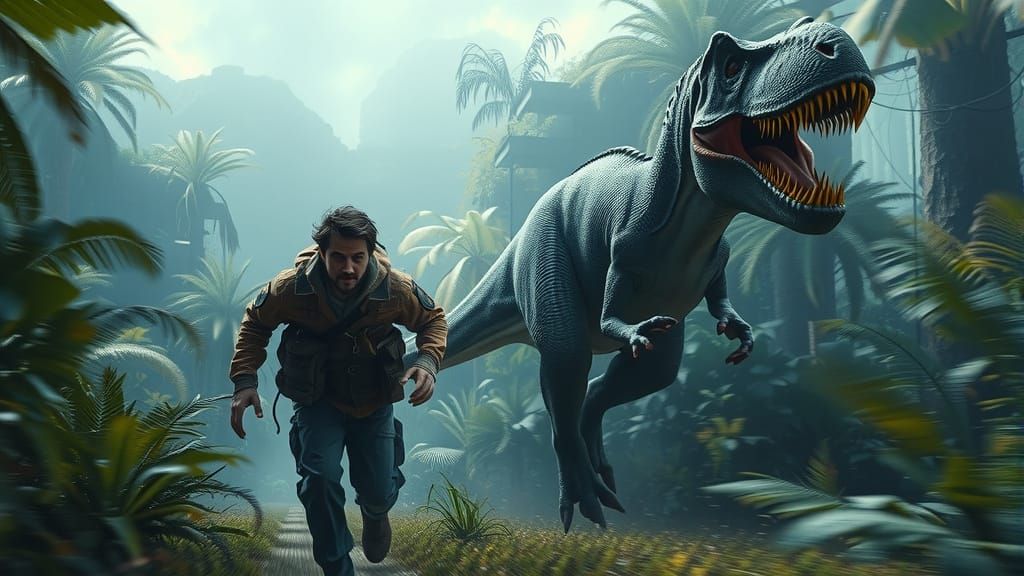 Man Running From Velociraptor in Prehistoric Jungle