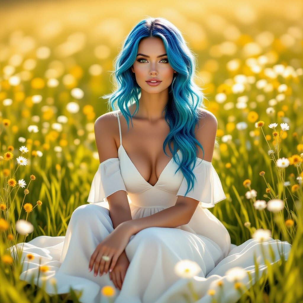Blue-Haired Woman in Meadow, Hyperrealistic Portrait