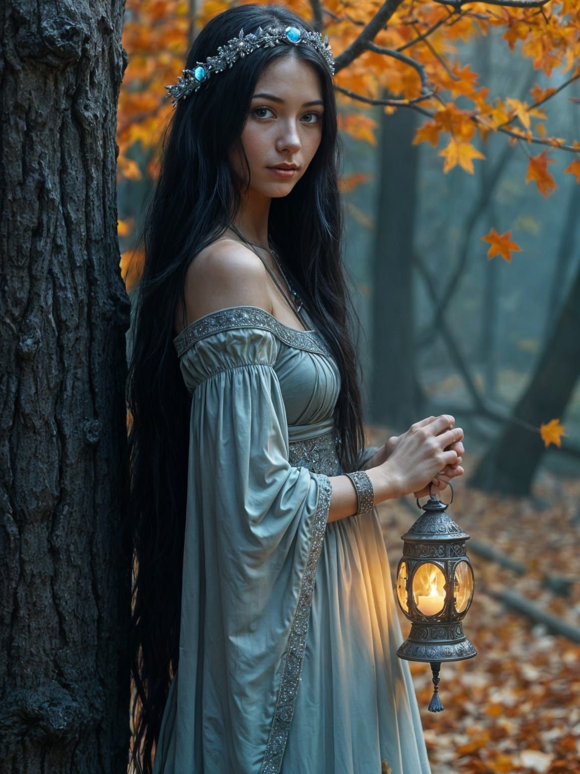 Vör, Norse Goddess, on Autumn Path at Night