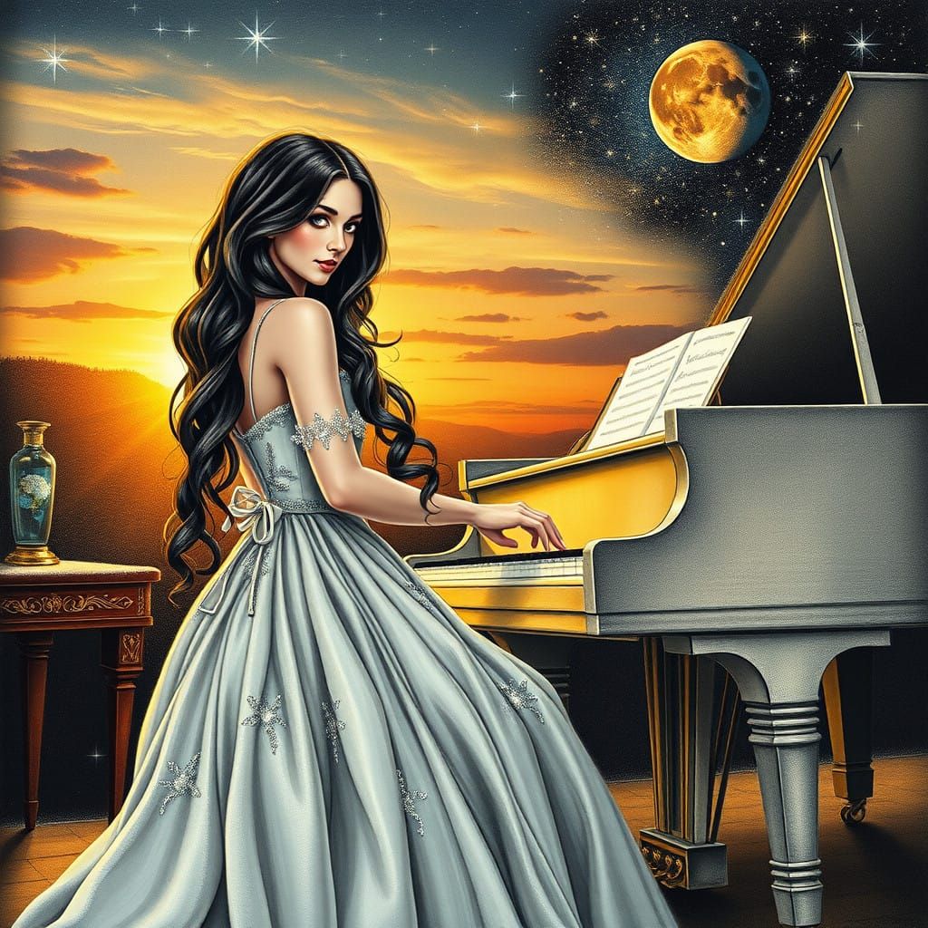 Ethereal Pianist in Golden Ballgown with Magical Hintergrund