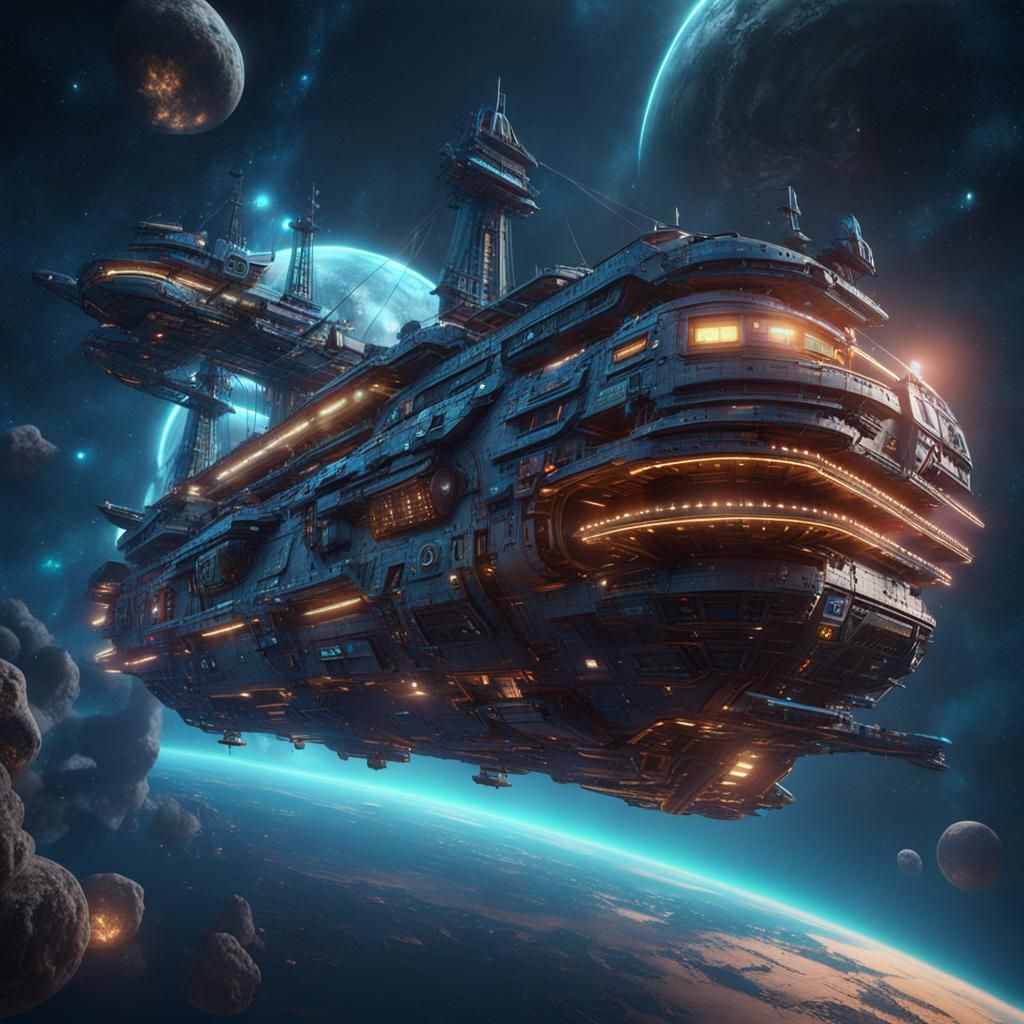 Cyberpunk Pirate Ship Soaring Through Space