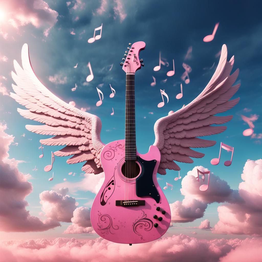 Surreal Pink Guitar with Angel Wings