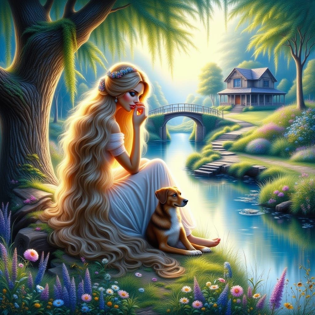 Woman by River with Dog, Impressionistic Oil Painting