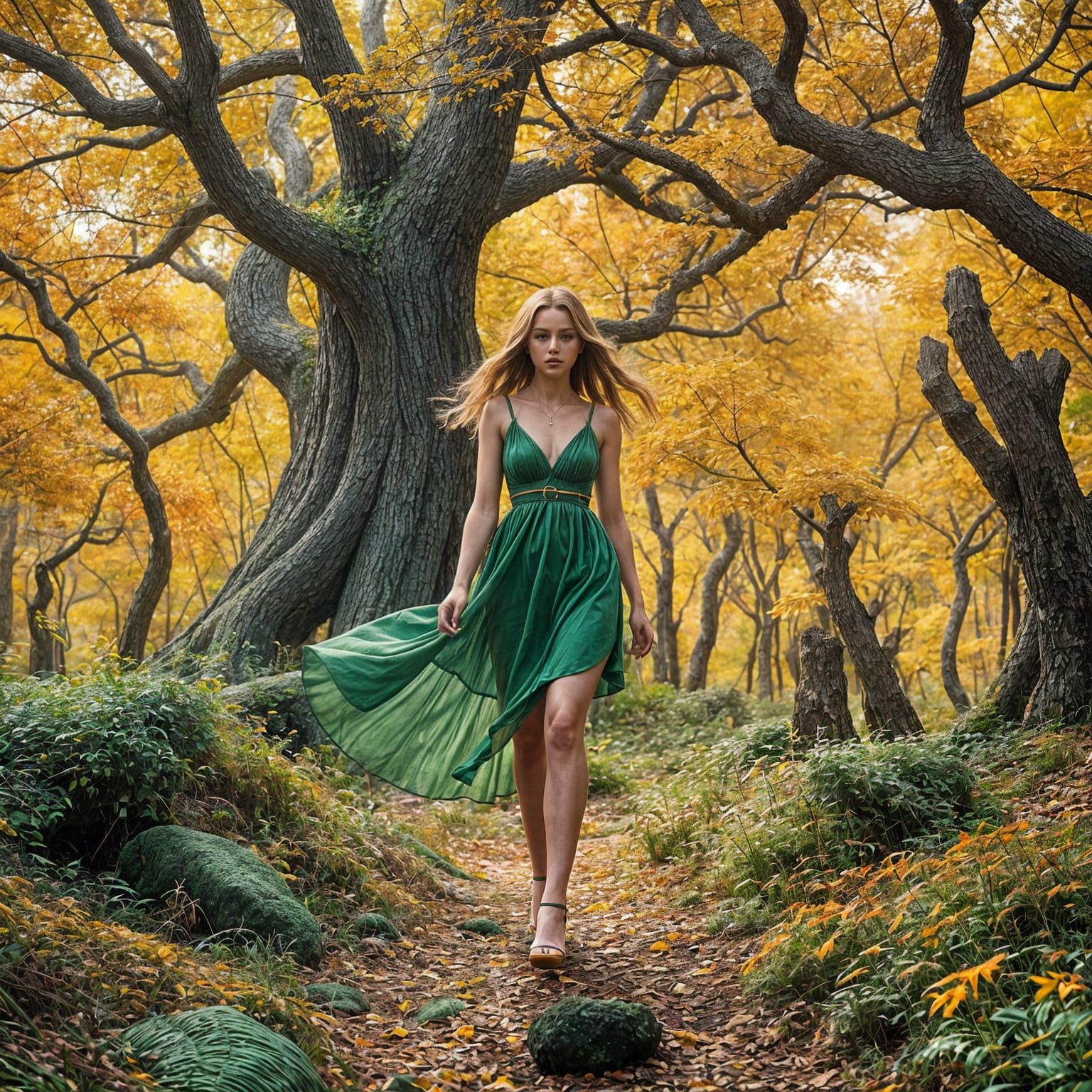 Woman in Green Dress in Orange Forest