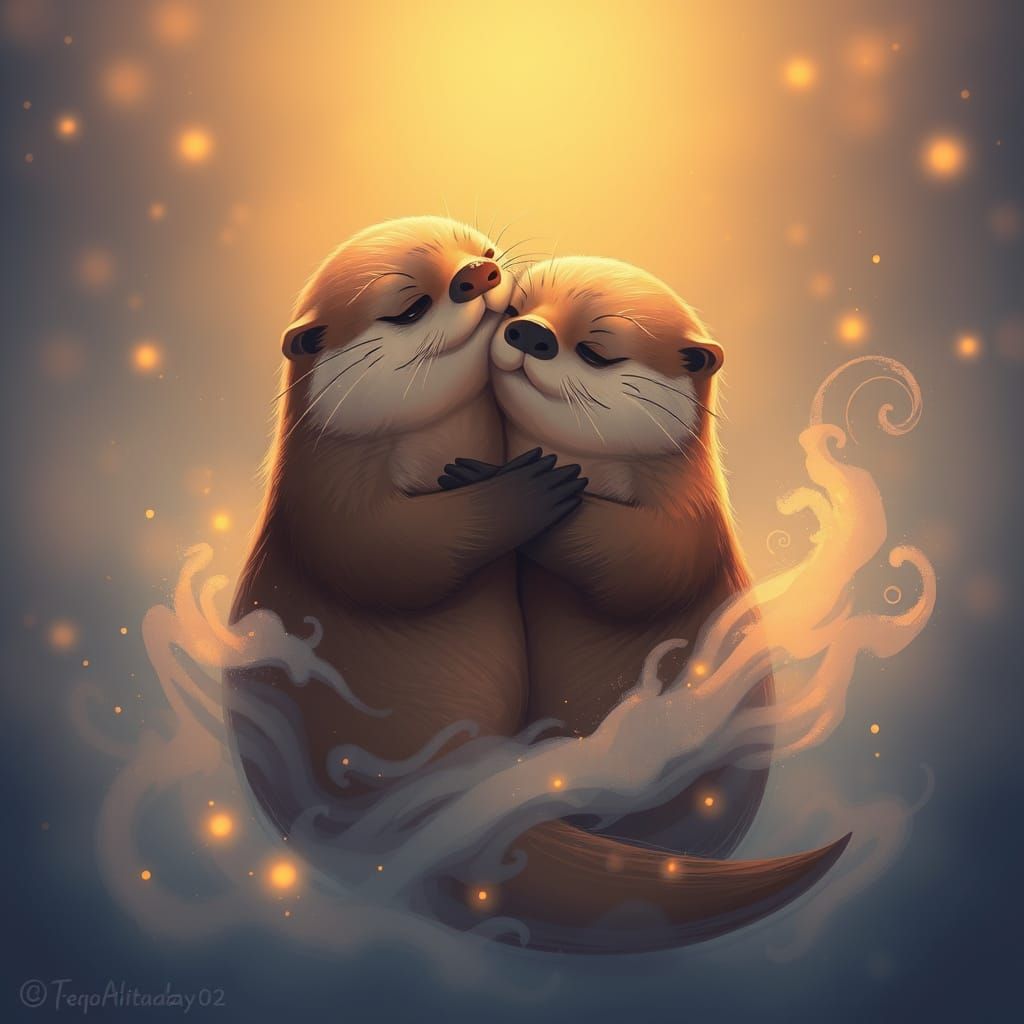 Golden Otters in Dreamy, Whimsical Anime Scene