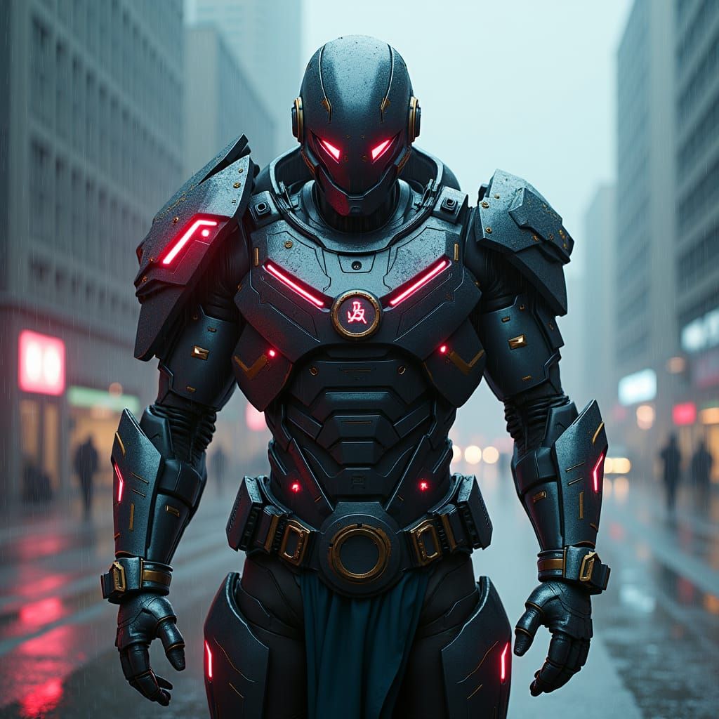 Cyberpunk Soldier in Neon-Lit Advanced Armor