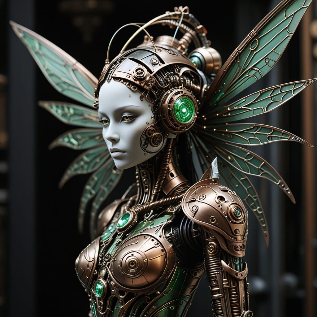 Clockwork Fairy in Steampunk City with Automatons