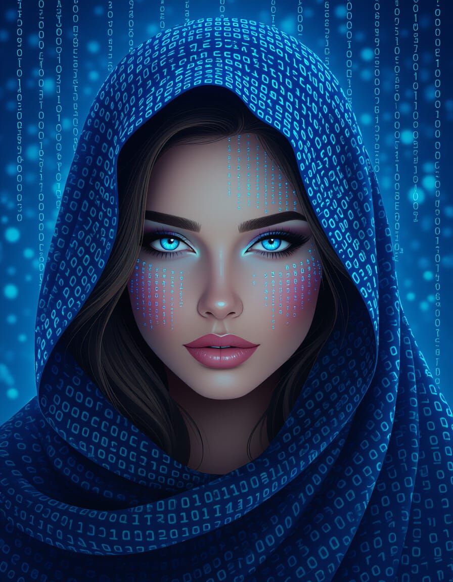 Ethereal Woman Veiled in Binary Code Portrait