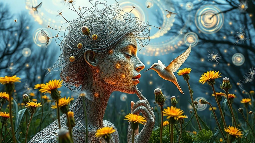 Ethereal String Woman Kissing Bird: Eco-Art Portrait