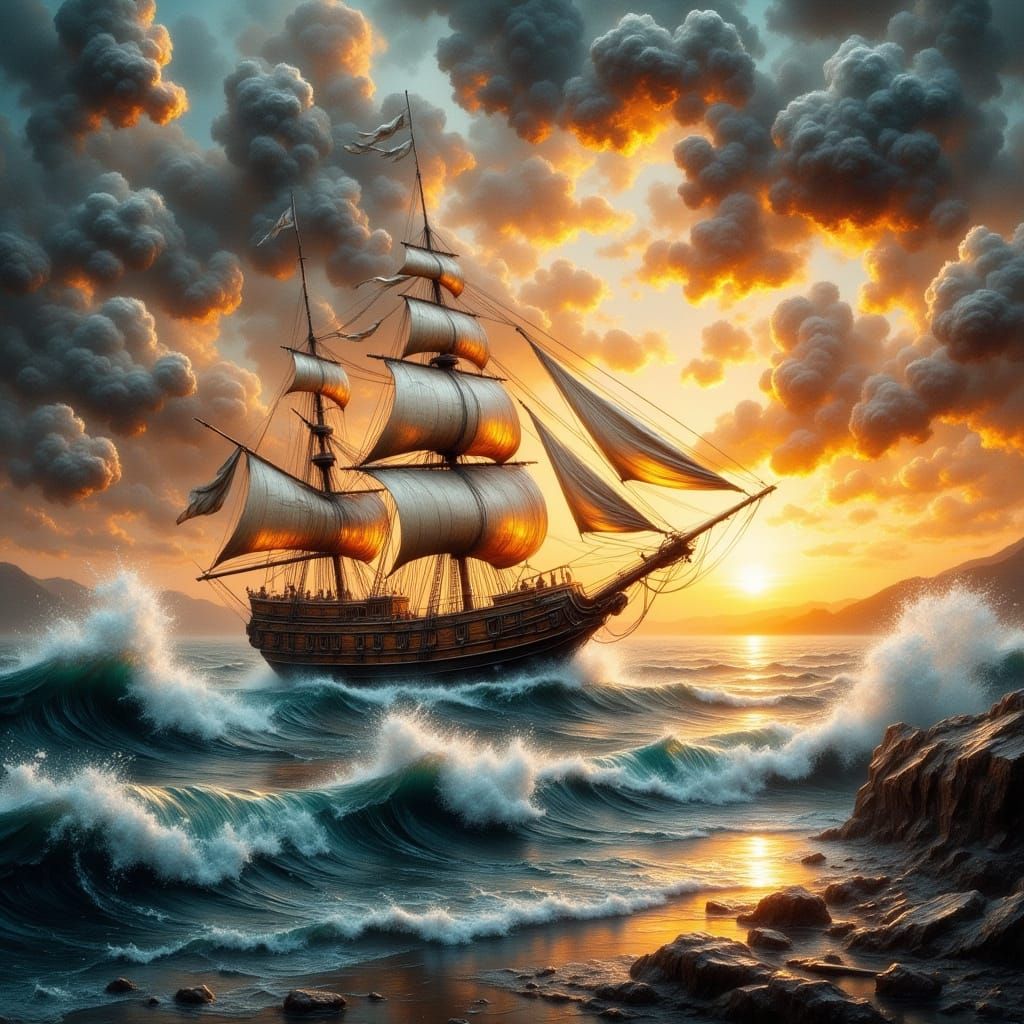 Majestic Ship Sails Through Impasto Sunset