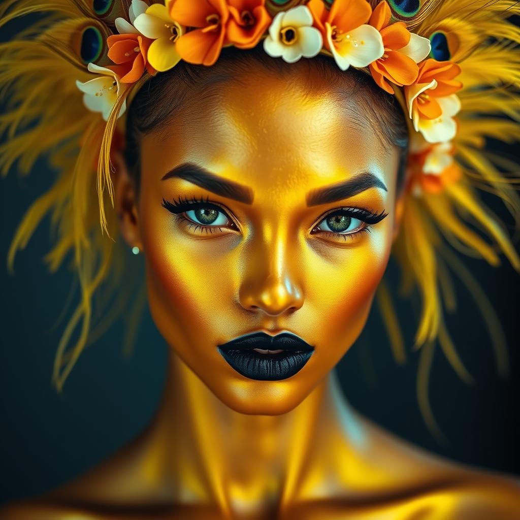 Golden Woman with Peacock Feathers as Portrait Photo