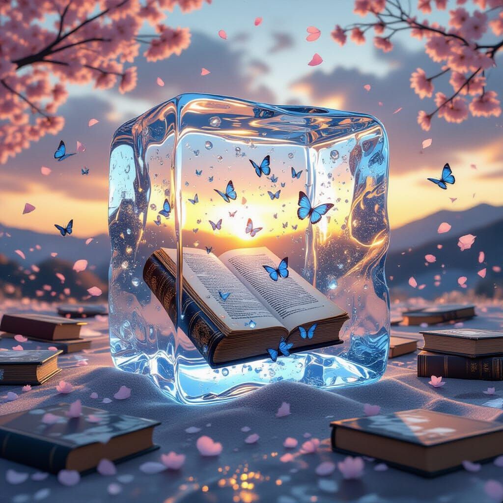 Luminescent Book in Ice Cube with Butterflies