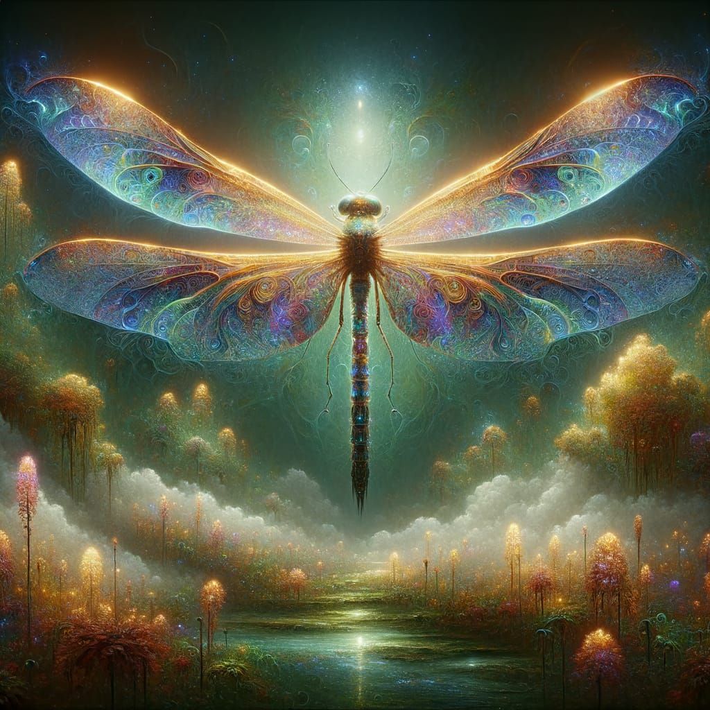 Bioluminescent Dragonfly in Misty Garden, as Oil Painting