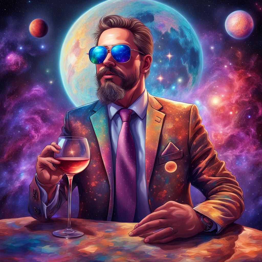 Astral Businessman Enjoys Wine on the Moon