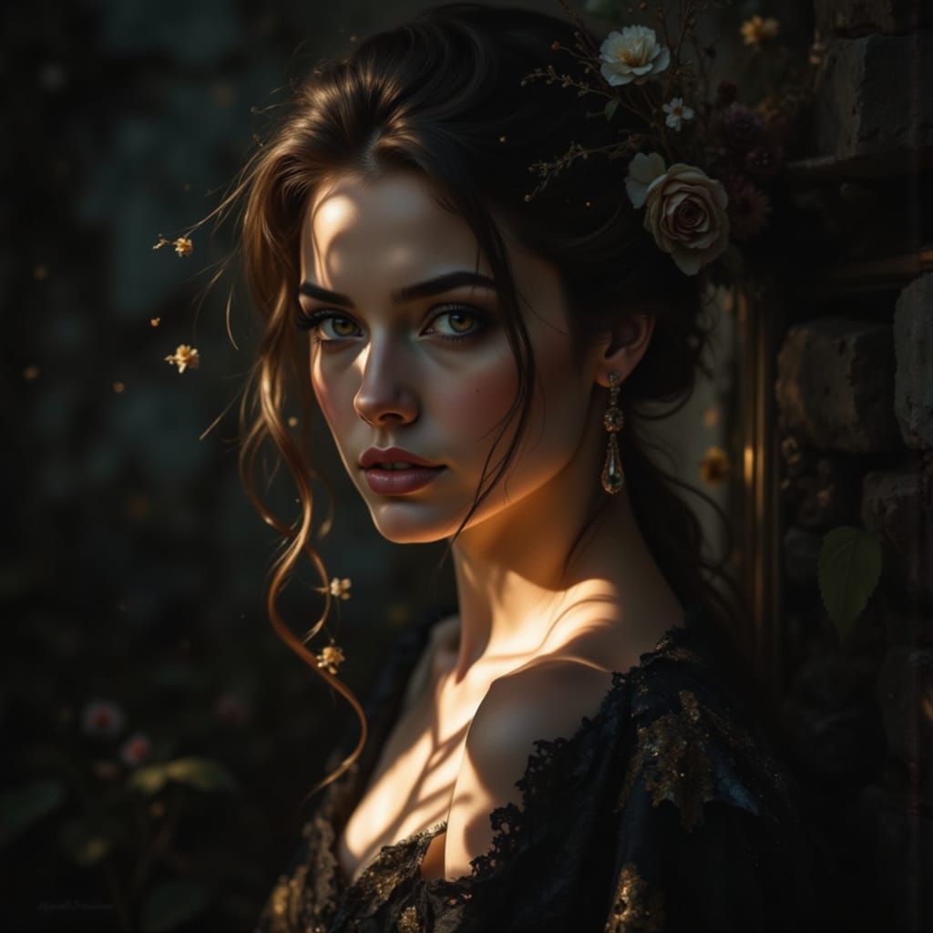 Ethereal Woman's Introspective Gaze in Light and Shadow