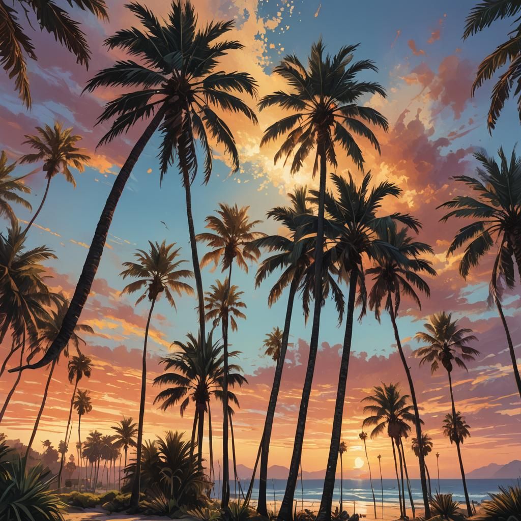 California Palm Trees Sunset Beach in Splash Art