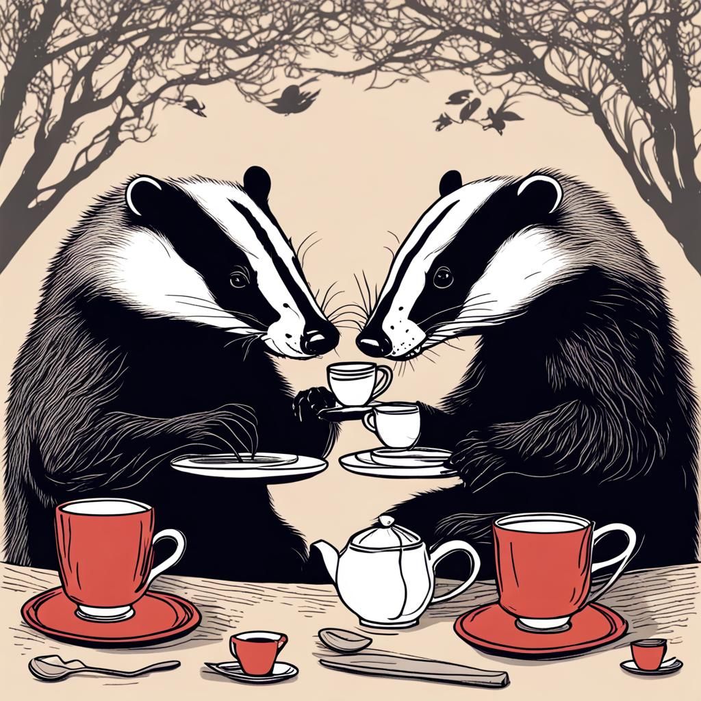 Badgers Enjoying Tea Time: An AI-Generated Scene