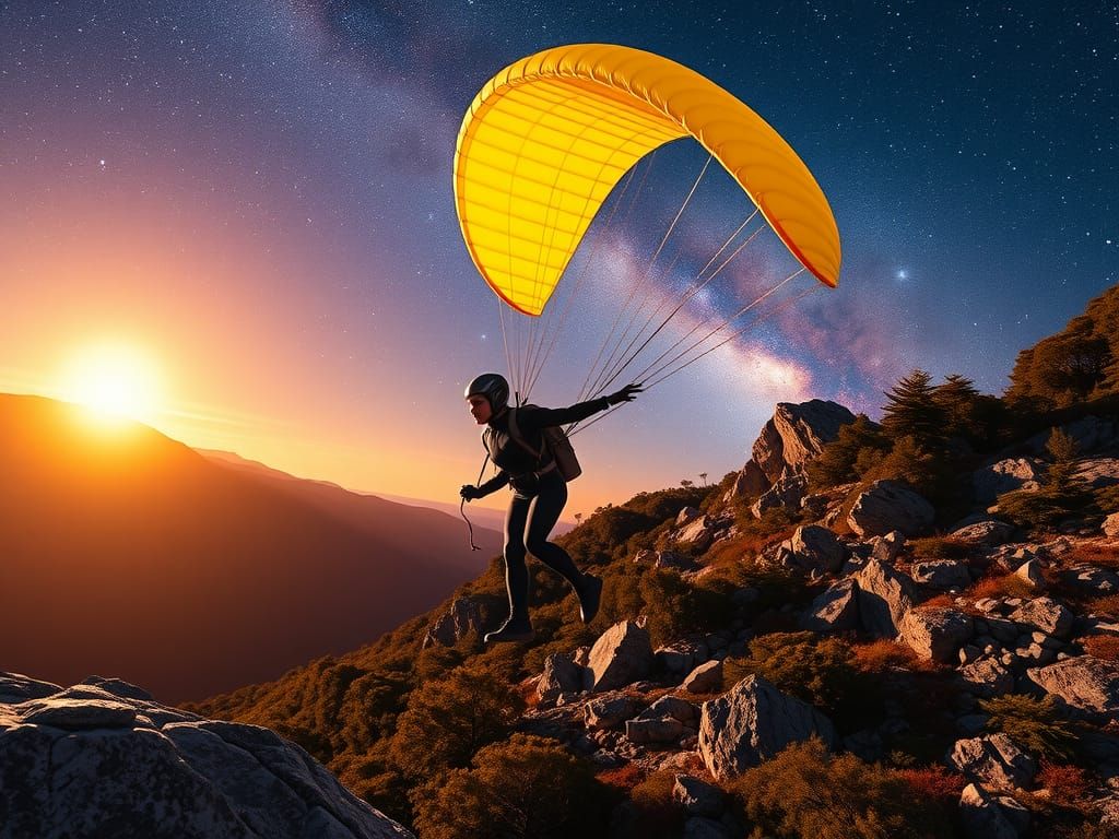 Skydiving in the rocky mountains and old forest, in the ligh...