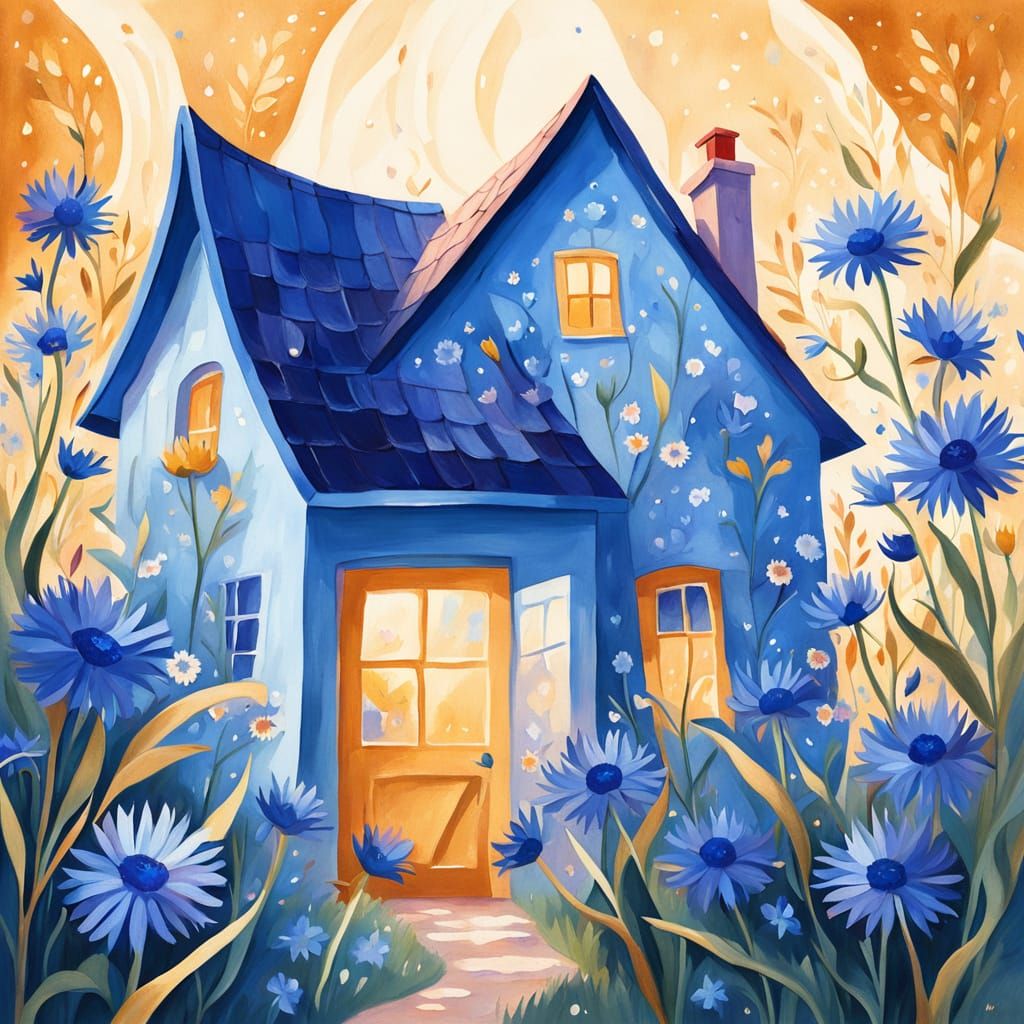 Whimsical Gouache House with Vibrant Cornflowers