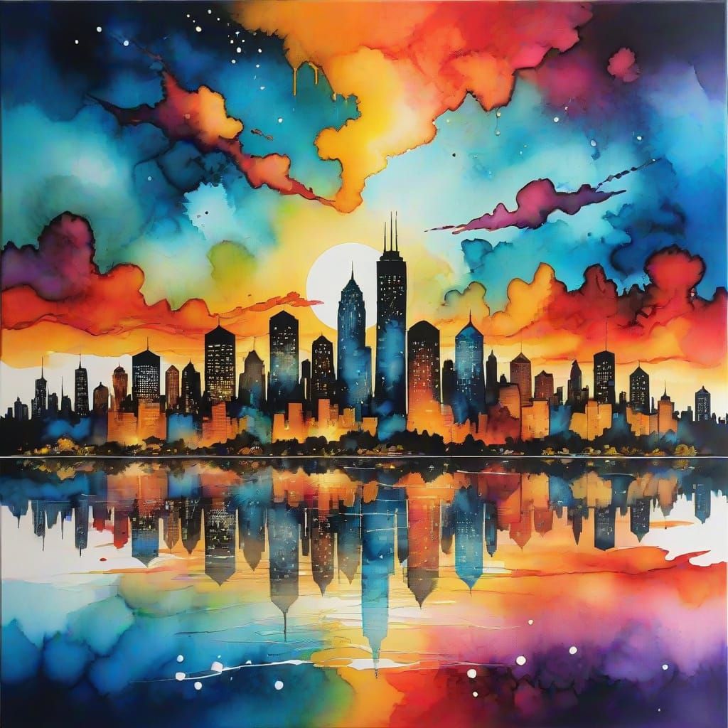 Vibrant Sunset Cityscape in Otherworldly Alcohol Ink
