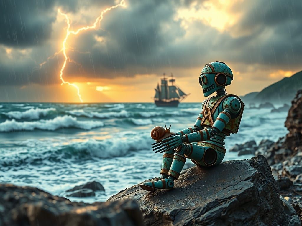 Rusty Pirate Robot Sits on Beach, Holding Snail, Under Storm...