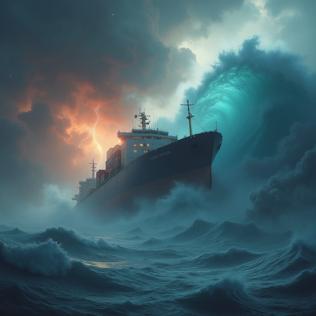 Cargo Ship Versus Colossal Tsunami in Arctic Hurricane