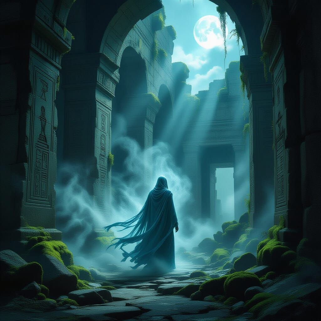 Spectral Figure in Ancient Temple Ruins